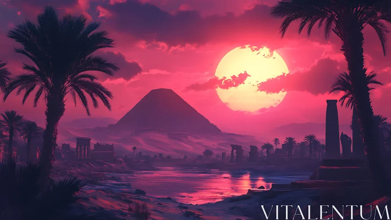 Neon sun sinks over mystic pyramid and desert river.