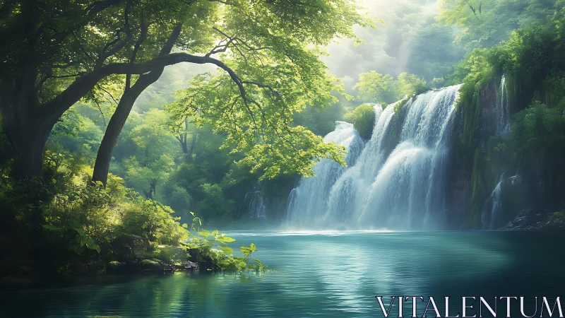 Sunlit forest waterfall over turquoise woodland pool.