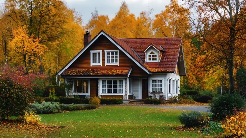 Cozy two-story cottage amid dense autumn forest setting.
