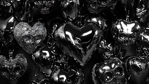 Monochromatic Glass Heart Forms: Reflective Sculptural Composition.