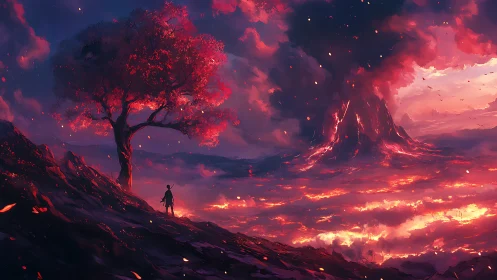 Crimson Sentinel: A Lone Figure Before Apocalyptic Skies.