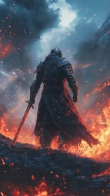 Armored warrior standing in fiery volcanic battlefield.