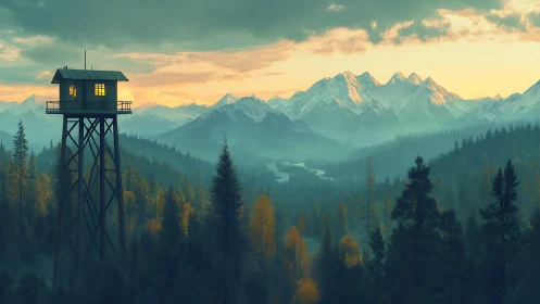 Digital painting of alpine watchtower over misted conifer valley.