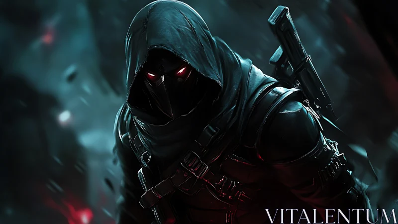 Armored hooded assassin emerges from cyber-noir shadows