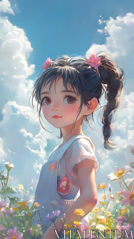 Sunlit anime girl in floral meadow under luminous cloudscape