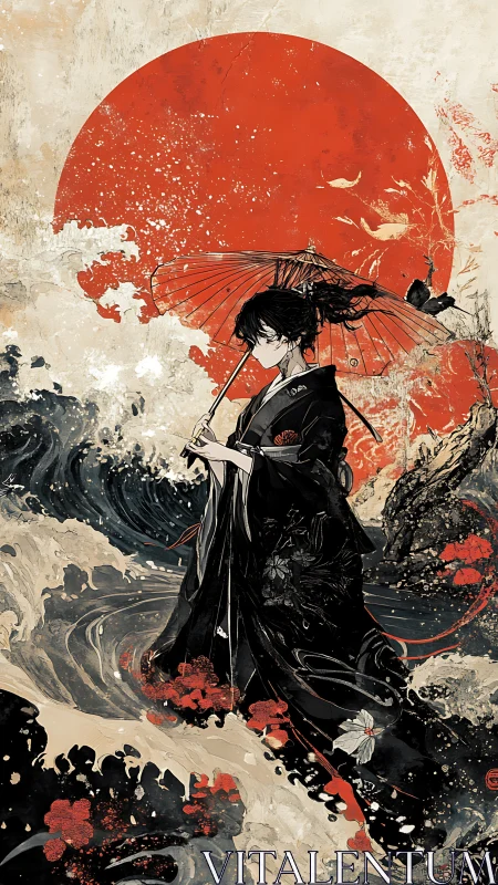 Red sun looms over kimono-clad woman in crashing waves.