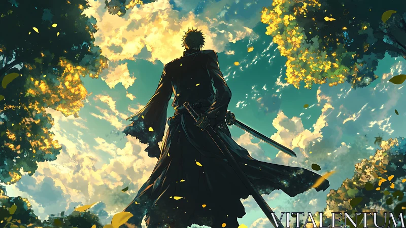 Lone swordsman under vivid sky and glowing forest canopy.
