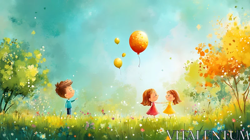 Children Chasing Dreams Under Golden Balloon Skies