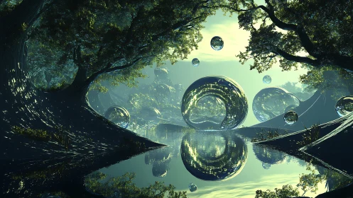 Floating reflective spheres transform forest river into portal