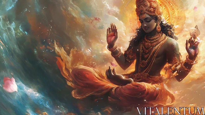 Divine figure in floating lotus pose amid swirling cosmos.