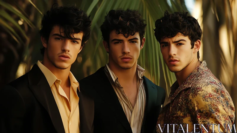Three sunlit brothers hold a cinematic pause beneath palms