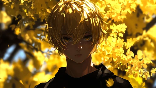 Golden-haired loner beneath blazing autumn ginkgo light.