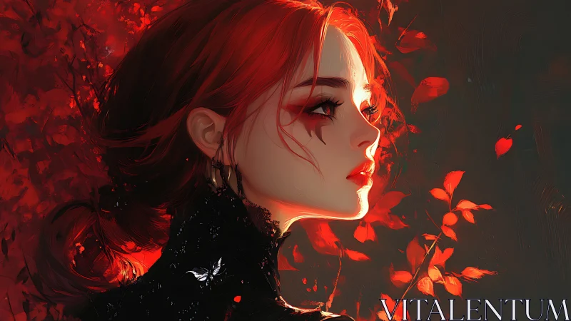 Red haired woman in profile surrounded by vivid scarlet leaves