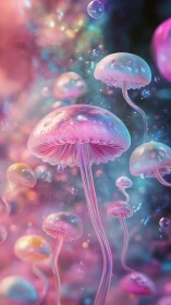 Luminous jellyfish drift through a dreamy neon ocean haze