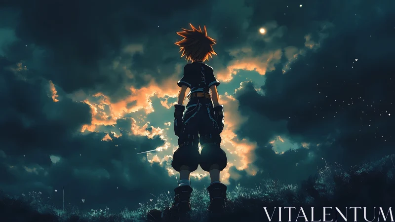 Silhouetted anime boy stands under luminous storm clouds