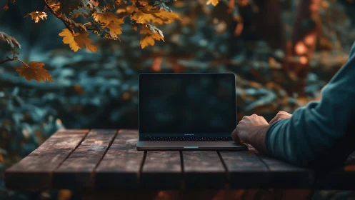 Laptop workspace on rustic wooden table in autumn forest.