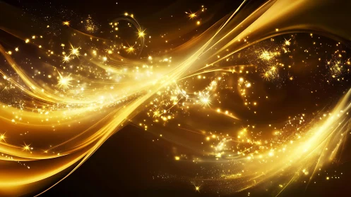 Radiant golden light waves and sparkling stars in abstract digital art.