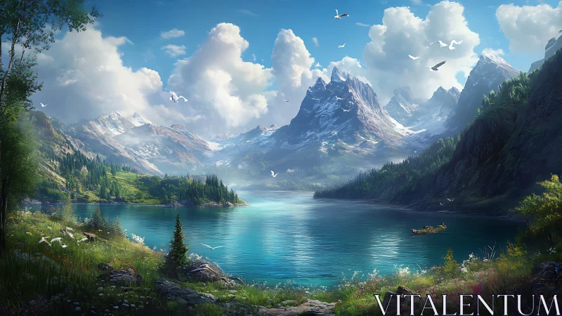 Mountain lake panorama with atmospheric depth and dynamic lighting