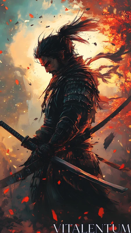 Solitary samurai in ember storm, side profile, dual katanas