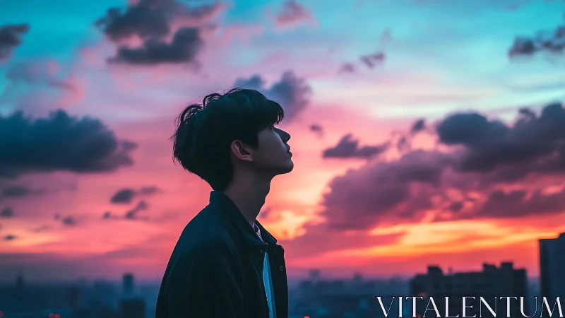 Side profile silhouette of person against gradient sunset sky