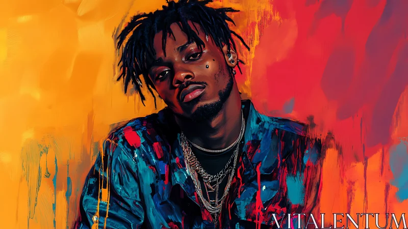 Neon-slick portrait of a moody king in molten color storm.