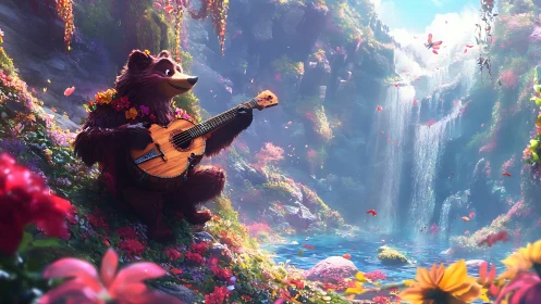 Cartoon bear plays guitar beside waterfall in floral canyon
