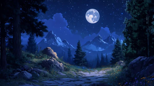 Moonlit mountain path welcomes a quiet, starlit wanderer