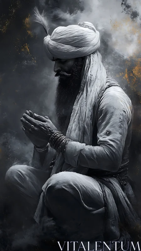 Kneeling turbaned elder in monochrome spiritual haze.