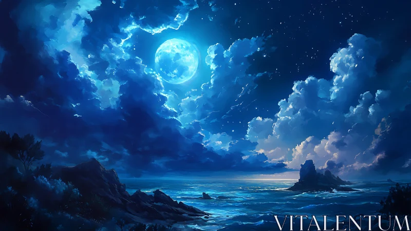 Moonlit ocean storm reveals glowing clouds and jagged coast.