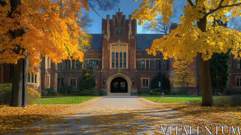 Historic brick college hall glows amid golden autumn trees