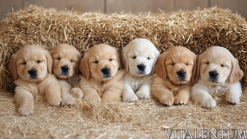 Row of golden retriever puppies sleeping on straw bales.