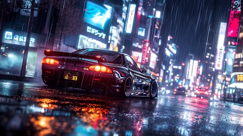 Modified sports car in rainy neon city street at night.
