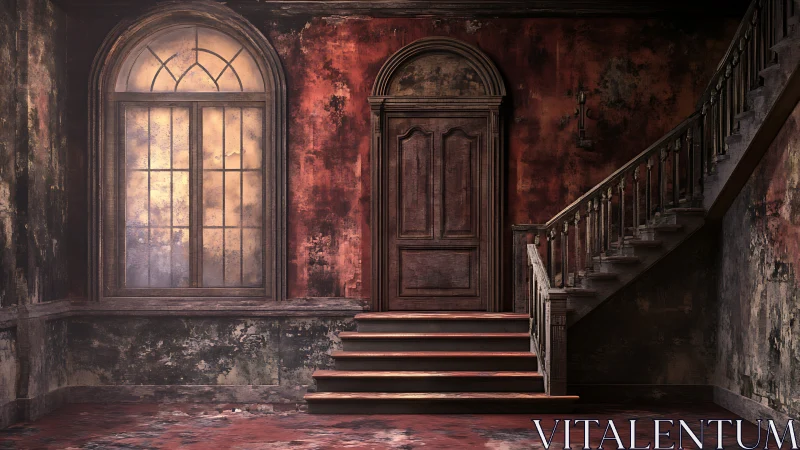 Decayed neoclassical stair hall with distressed timber door.