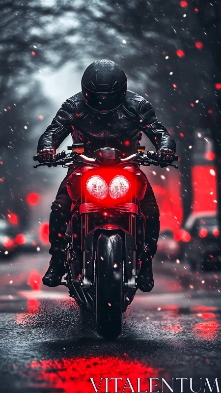 Midnight rider surging through neon red snowfall.