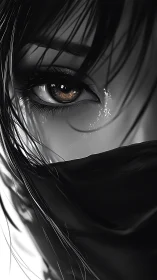 Close cropped digital portrait of masked eye in grayscale.