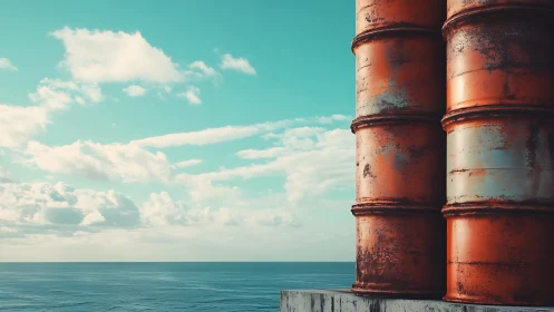 Rusty ocean drums leaning into a turquoise sky hush.