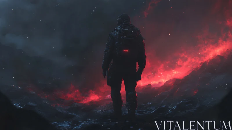 Solitary armored explorer overlooking volcanic lava fissure