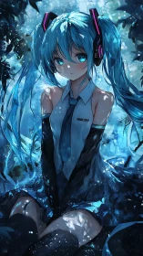 Luminescent twin‑tailed cybergirl in aqueous blue field.