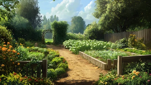 Sunlit garden path wandering through quiet green abundance.