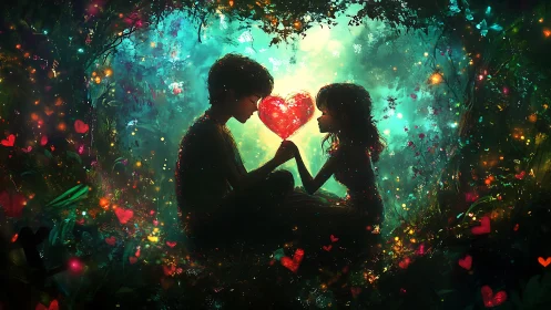 Two silhouettes exchanging luminous red heart within enchanted forest backdrop
