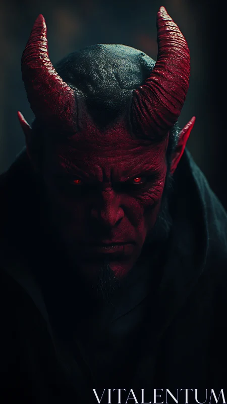 Infernal horned demon portrait in shadowed red light.