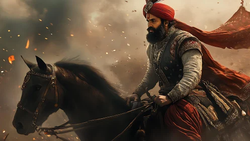 Gallant rider in crimson leading a storm of swirling embers.