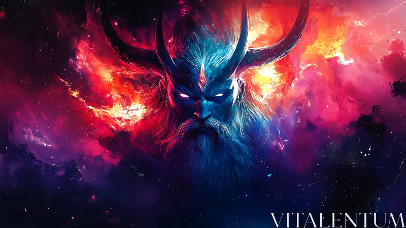 Cosmic horned deity emerges from blazing nebula storm