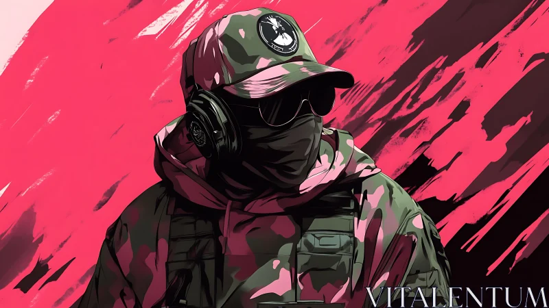 Urban tactical figure stands against bold pink backdrop.