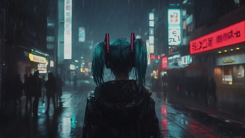 Cyberpunk girl with teal hair in rainy neon street scene.