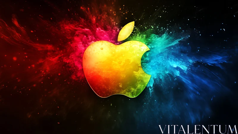 Chromatic apple emblem with radial nebula-like color dispersion