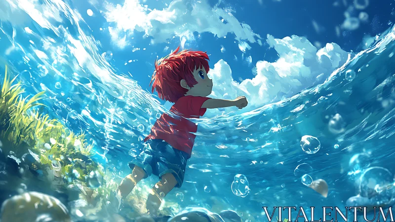 Child with red hair moves through shallow sunlit seawater