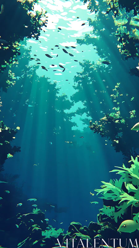Underwater canyon scene shows fish, foliage, and light beams