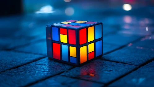 Rubik’s cube glows on wet cobblestone in blue ambient light