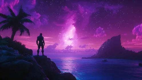 Armored Figure Stands on Rocky Outcrop at Cosmic Dusk.